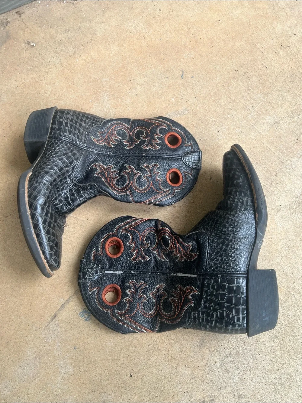 Ariat Black Croc-Embossed Western Boots with Orange Stitching size 13